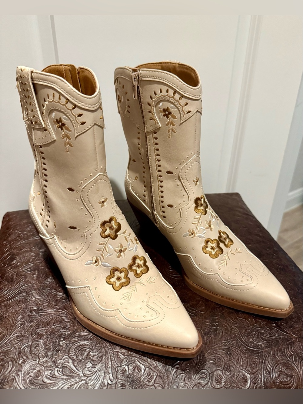 Beige Floral Embroidered Western Boots for Women
